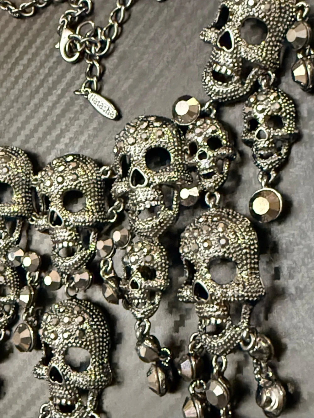 Natasha Couture Gunmetal Rhinestone Gothic Skull Dangle Statement Necklace